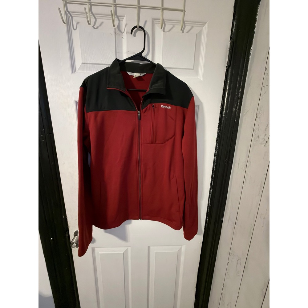 Reebok Mens Full Zip Track Jacket Red Black Colorblock Mock Neck Size Medium